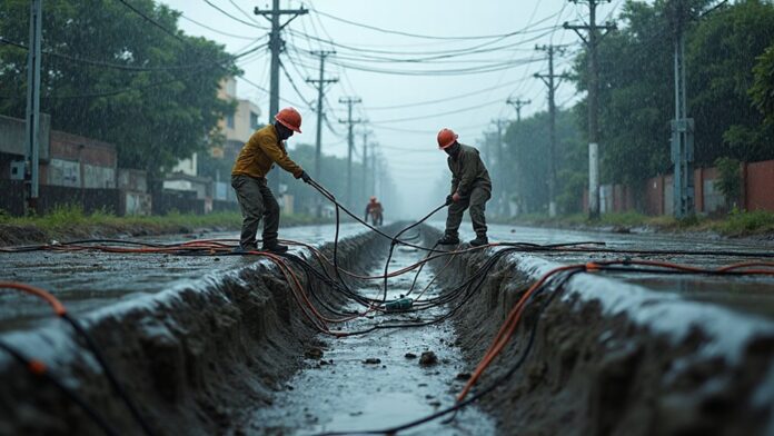 clearing monsoon water channels of cables