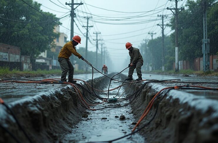 clearing monsoon water channels of cables