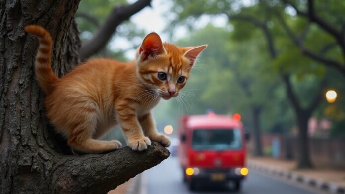 kitten rescued from tall tree